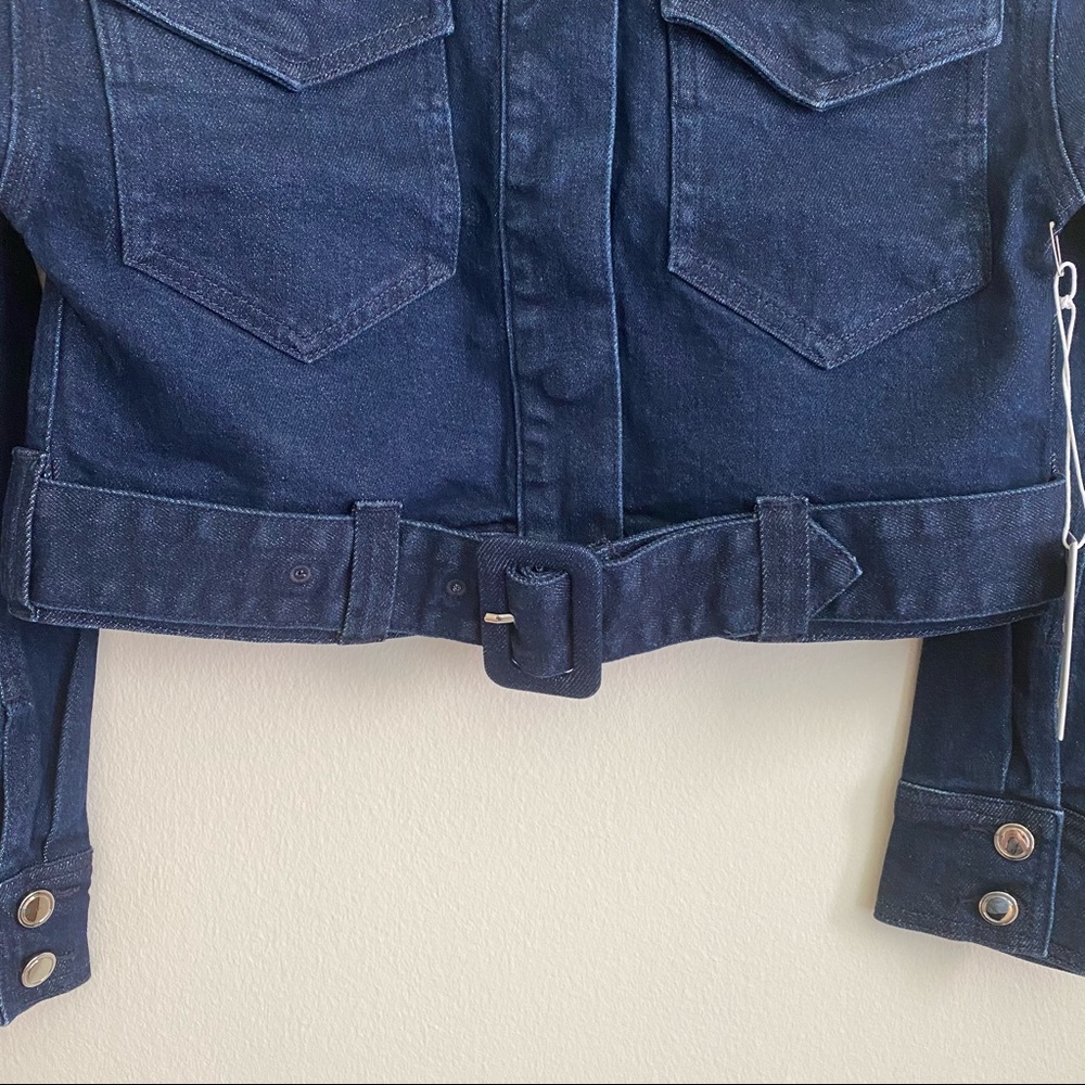 Good American The 70s Icon Belted Cropped Denim Jacket Deep Blue 0 XS NWT - Picture 9 of 16
